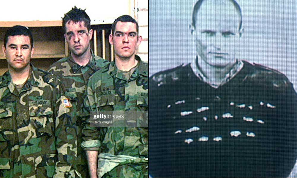 Photo of three U.S. army soldiers being held captive by the Yugoslav Army (left) and Woody Harrelson as Sgt. William “Old Shoe” Schumann in Wag the Dog (right).