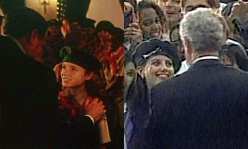 The fictitious President looking at a firefly girl (left) and Lewinsky watching Clinton as he greets staff at the White House during a re-election celebration in November 1996 (right).