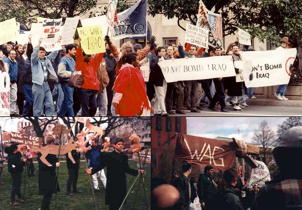 A couple thousand people showed up at Dupont Circle in Washington, D.C. and marched to the White house to express their disgust and outrage over President Clinton’s threatening to bomb Iraq instead of continuing negotiations. Above is a photo of the “Wag the Dog Precision Drill Team.”  In response to one chant of “No Blood for Oil” the drill team later chanted, “No Blood for Monica.”